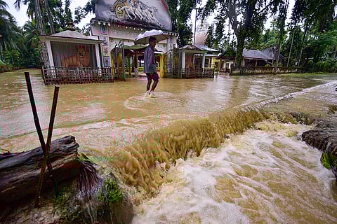 Flooded road in Nagaon district